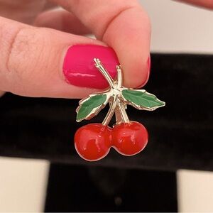Vintage Silver Tone Red Enamel Cherry Coquette Girl Ballet Dainty Pin / Brooch